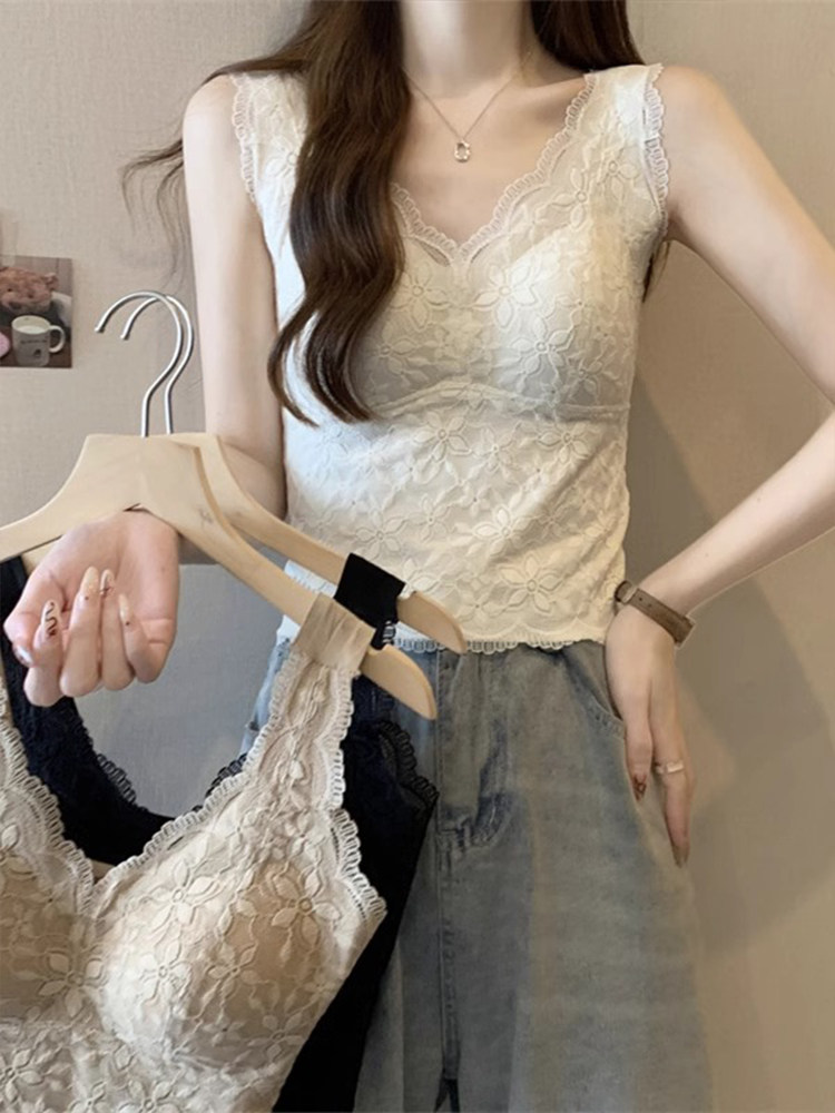 白色蕾丝美背背心文胸一体吊带女带胸垫V领短款纯欲风西装内搭