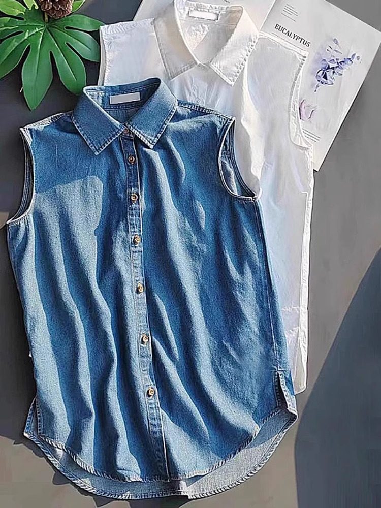 卫衣叠穿牛仔背心女假领子毛衣内搭打底衫中长款屁帘下摆无袖衬衫