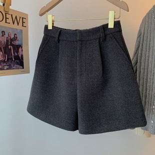 高腰毛呢阔腿裤 配靴子外穿松紧腰靴裤 女秋冬新款 深灰色羊毛短裤