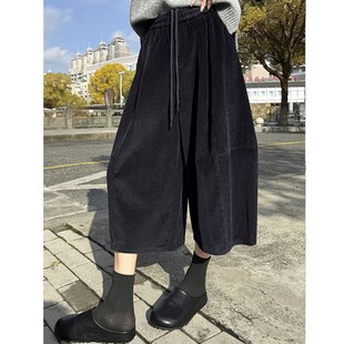 高腰宽松复古八分阔腿奶奶裤 外穿配靴子靴裤 女秋冬季 灯芯绒七分裤
