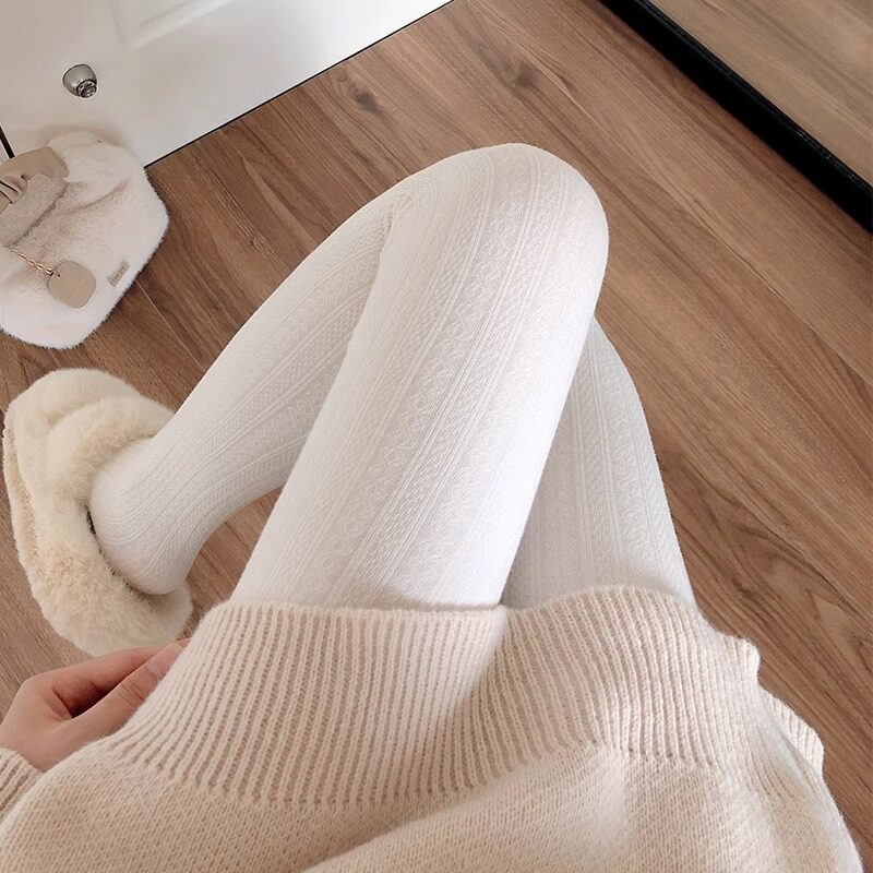 白色打底裤女外穿冬加绒加厚显瘦竖条纹袜裤麻花踩脚连裤袜1127w