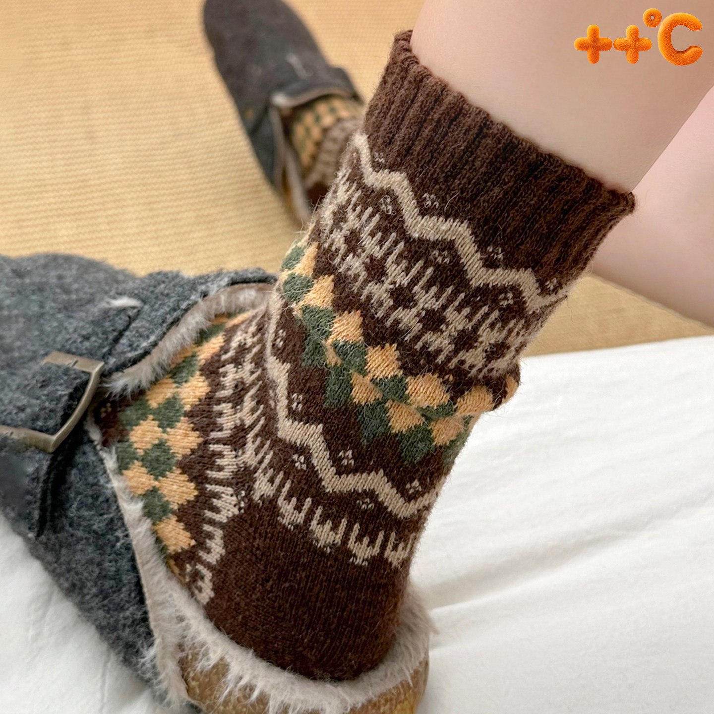 复古费尔岛袜子女冬季羊毛中筒堆堆袜日系保暖咖色长袜配勃肯鞋,女士内衣/男士内衣/家居服,中筒袜,淘宝优惠券,粉丝福利购,淘宝优惠卷