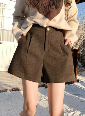 毛呢短裤女冬天配靴子外穿显瘦靴裤咖色加绒裤子高腰阔腿休闲裤