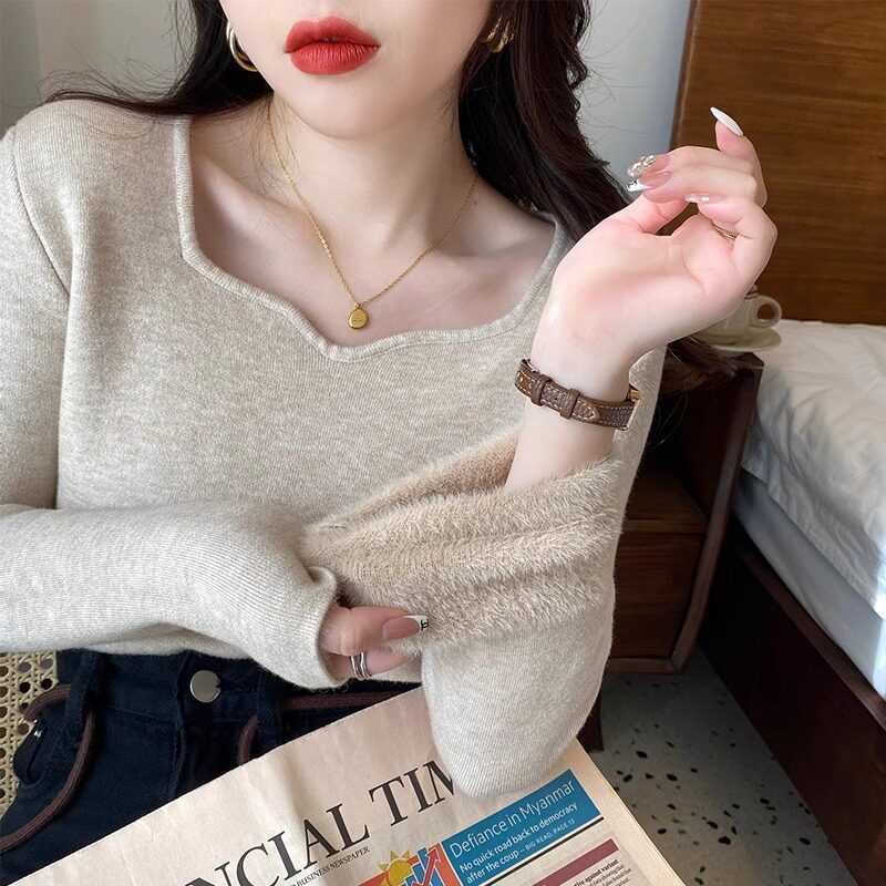 加绒保暖内衣女士秋冬内搭秋衣方领加厚一体绒打底衫东北保暖衣
