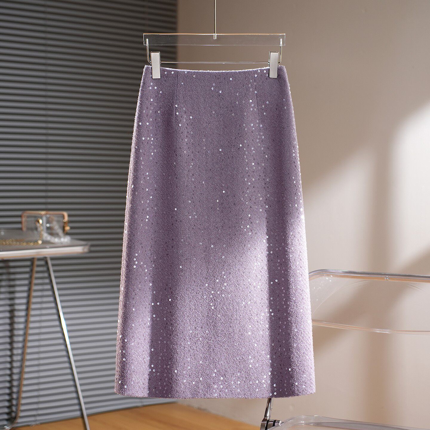 高级感小香风亮片半身裙女秋冬新款中长款A字毛呢加厚直筒包臀裙