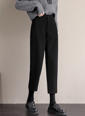 黑色毛呢裤女冬季新款加绒裤子小个子显高八分裤直筒西装裤烟管裤