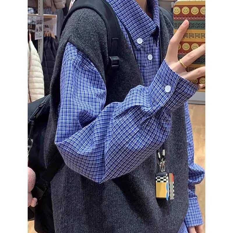 少年感蓝色细格子衬衫女内搭日系复古宽松配灰色马甲叠穿衬衣外套,运动/瑜伽/健身/球迷用品,瑜伽t恤,淘宝优惠券,粉丝福利购,淘宝优惠卷