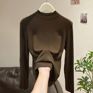 欧货高端大牌半高领加绒打底衫女秋冬修身内搭长袖T恤磨毛上衣