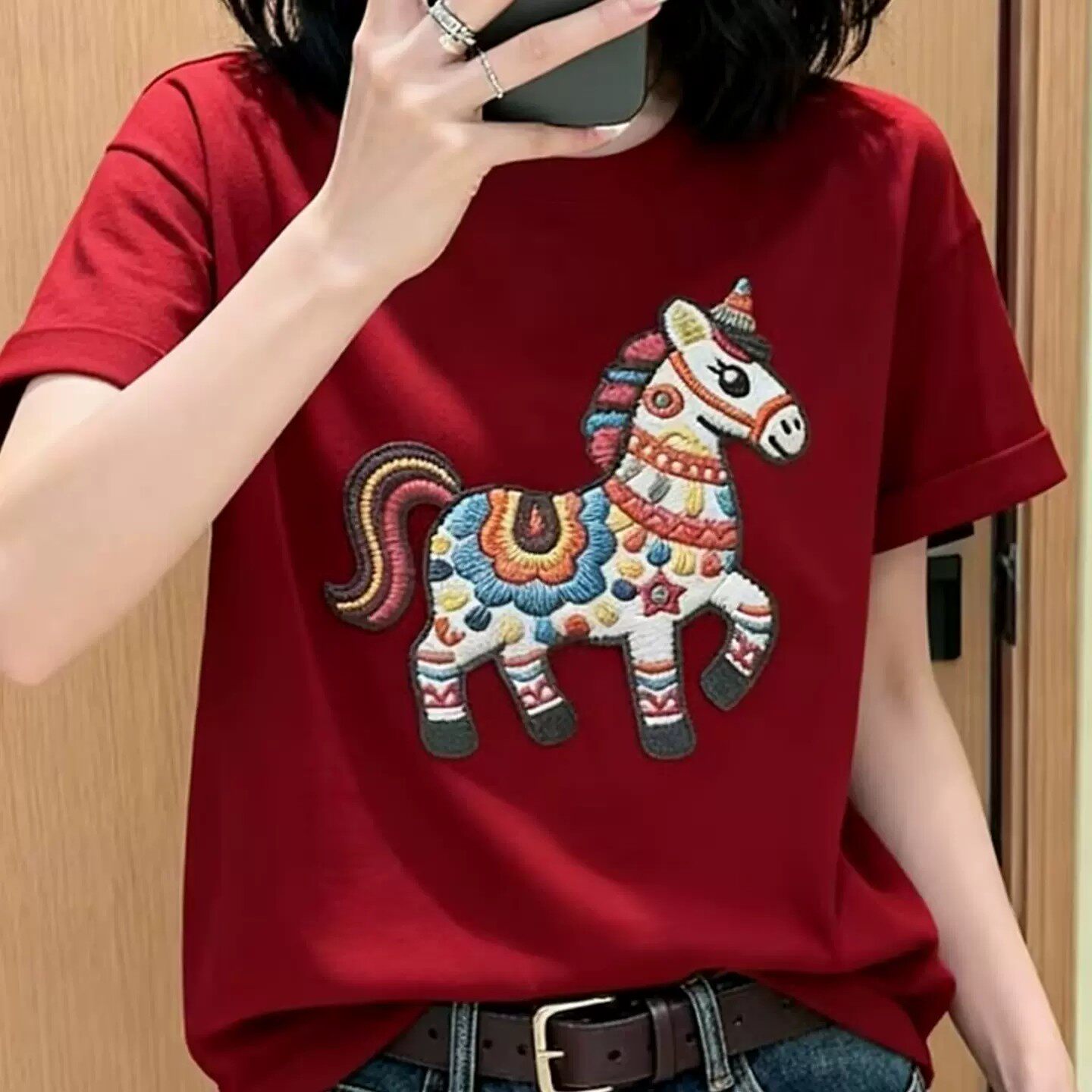 欧货高端红色纯棉短袖T恤女2026新款小马印花T恤马年本命年上衣