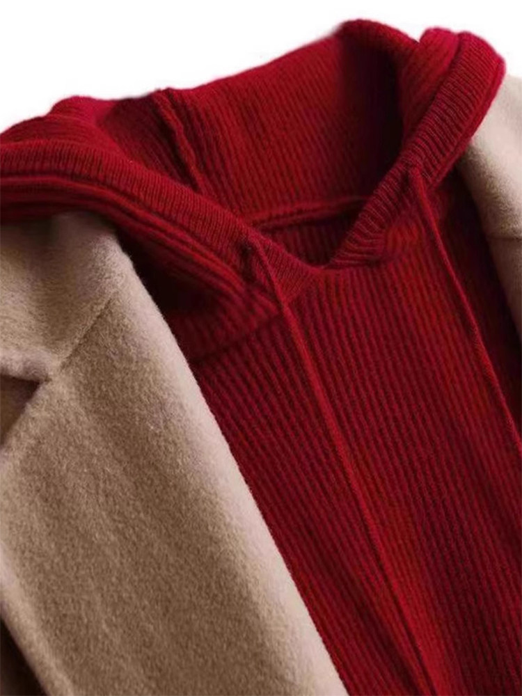 酒红色连帽针织衫卫衣女秋冬帽衫配大衣的内搭毛衣带帽打底衫上衣