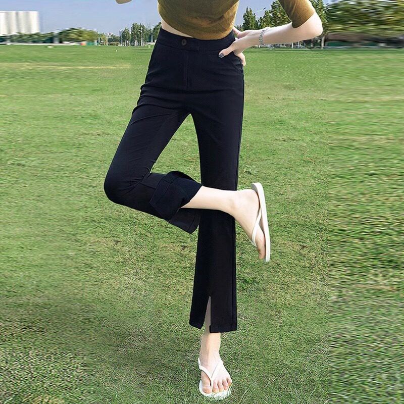 黑色微喇西装裤女夏季新款垂感开 叉裤子马蹄裤九分显瘦高腰喇叭