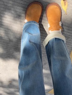 加绒加厚浅色窄版直筒牛仔裤女春秋冬梨形报恩裤小个子显瘦阔腿裤