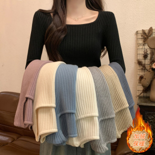 黑色方领打底衫 1010c 女冬加绒加厚毛衣洋气保暖内搭一体绒针织衫