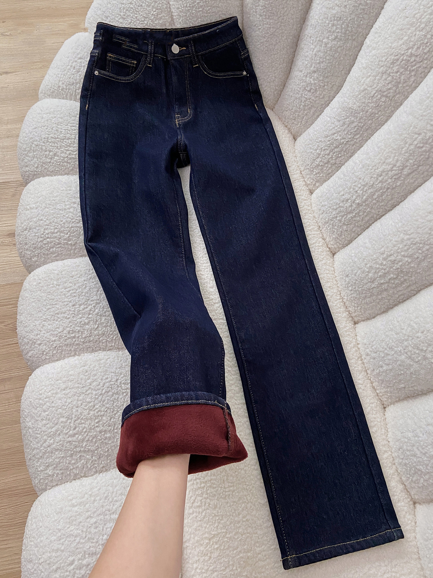 加绒加厚深蓝色窄版直筒牛仔裤女秋冬保暖长裤高腰显瘦覆古阔腿裤