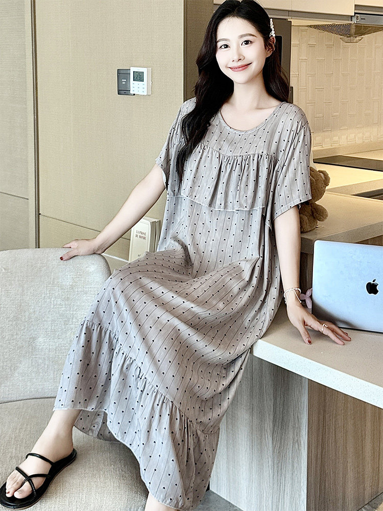 防凸点棉绸睡裙女夏季短袖遮胸孕妇睡衣裙长款居家裙子大码胖mm