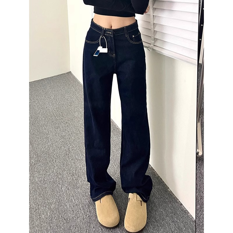175加长高个子直筒牛仔裤女春秋高腰显瘦复古深蓝色窄版阔腿裤