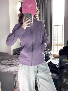 美式覆古紫色连帽修身卫衣外套女春秋新款运动休闲瑜伽服拉炼开衫