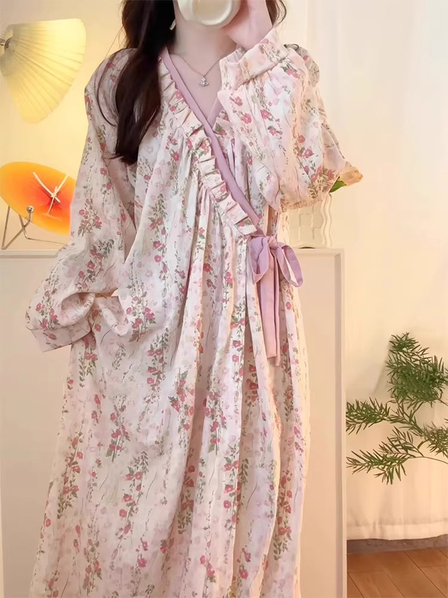 云朵棉纱布睡衣女士早秋季2025新款长袖莫奈花园睡裙家居服浴袍
