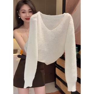 欧货白色套头V领亮片针织衫女秋冬薄款毛衣宽松显瘦洋气别致上衣
