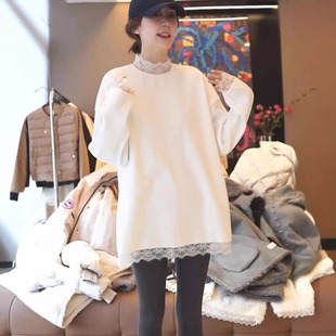 中长款蕾丝下摆半高领打底衫女春秋加绒内搭遮屁股配鲨鱼裤的上衣