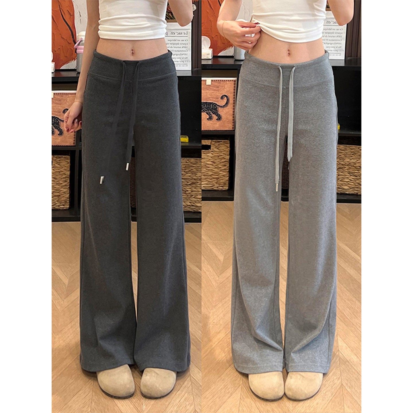 灰色瑜伽运动裤女秋冬季加绒加厚拖地卫裤休闲窄版直筒阔腿保暖裤