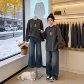 中长款 宽松慵懒显瘦上衣 时髦洋气印花纯棉灰色圆领卫衣女春秋新款