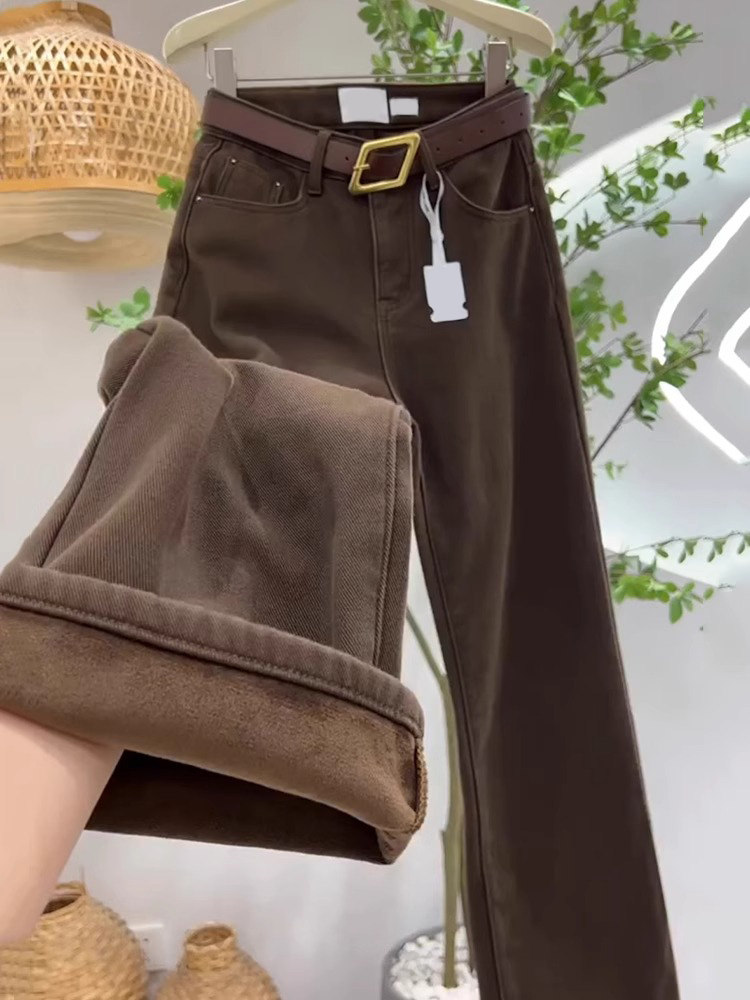 美拉德棕色阔腿牛仔裤女秋冬加绒2025新款高腰显瘦咖啡色直筒裤