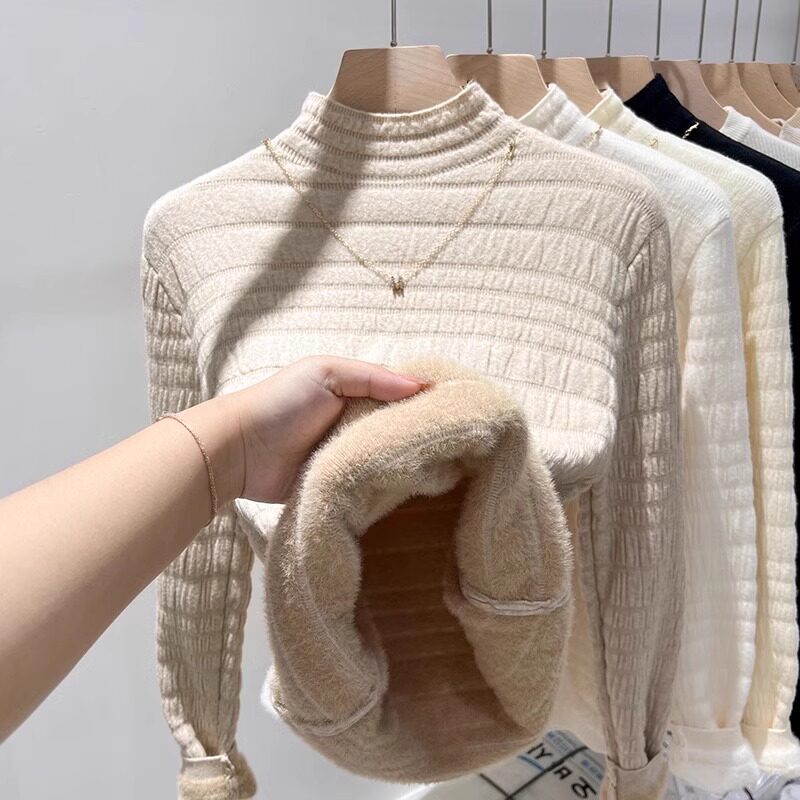 东北加绒内搭半高领打底毛衣女春秋新款加厚保暖针织衫1012u1