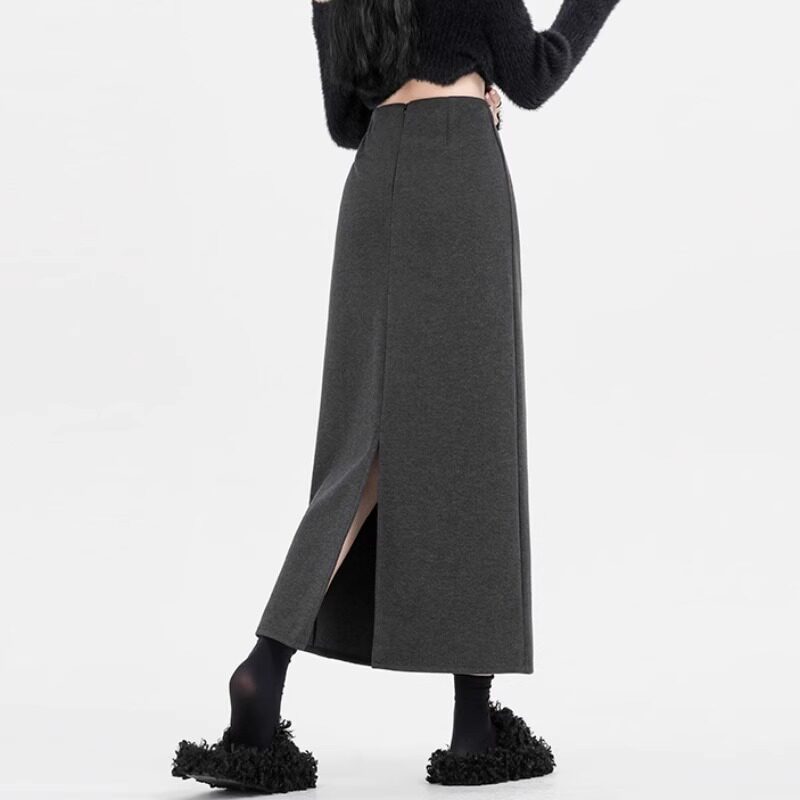 高腰开叉灰色毛呢半身裙女秋冬高级感磨毛a字裙中长款直筒包臀裙,女装/女士精品,半身裙,淘宝优惠券,粉丝福利购,淘宝优惠卷