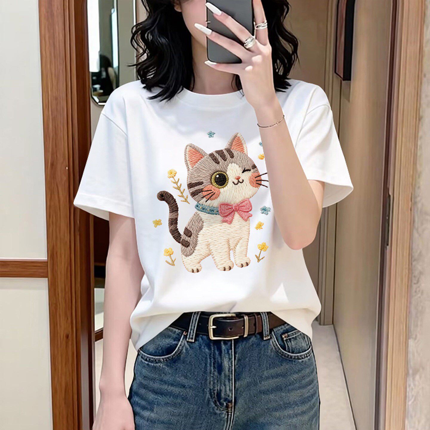欧货纯棉正肩白色短袖T恤女2026新款夏季宽松体恤卡通印花上衣
