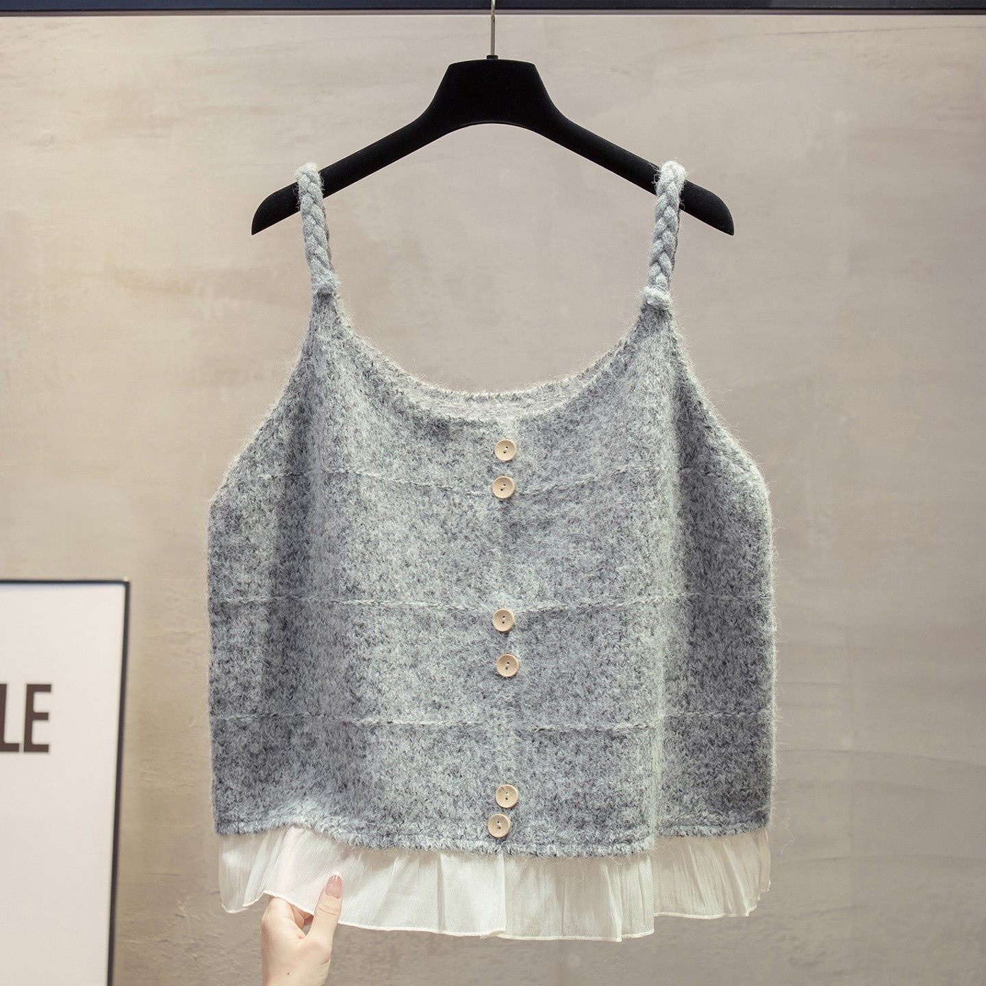 灰色针织开衫马甲女秋冬宽松蕾丝吊带马夹叠穿毛衣背心坎肩上衣,女装/女士精品,毛针织衫,淘宝优惠券,粉丝福利购,淘宝优惠卷
