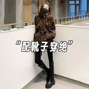 黑色高腰紧身小脚牛仔裤女秋冬修身配靴子超好看加绒铅笔裤靴裤