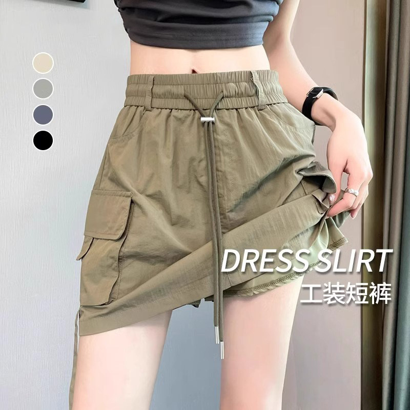 绿色工装短裤女夏季薄款速干 干裤a字宽松半身裙美式辣妹假两件裙
