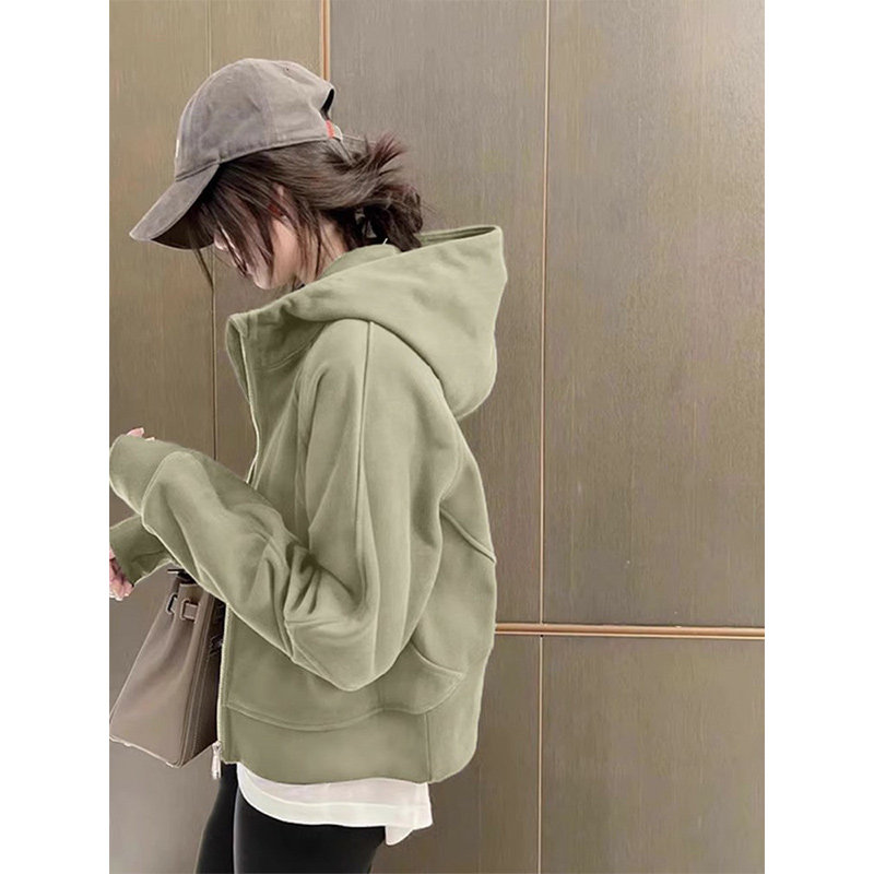 时髦洋气灰绿色连帽卫衣外套女春秋新款小个子休闲百搭拉链开衫