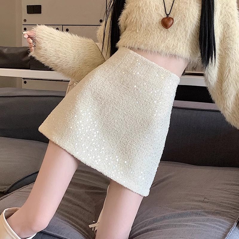 白色小香风亮片毛呢半身裙女秋冬小个子高腰半裙A字包臀止步短裙