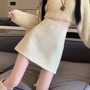 白色小香风亮片毛呢半身裙女秋冬小个子高腰半裙A字包臀止步短裙