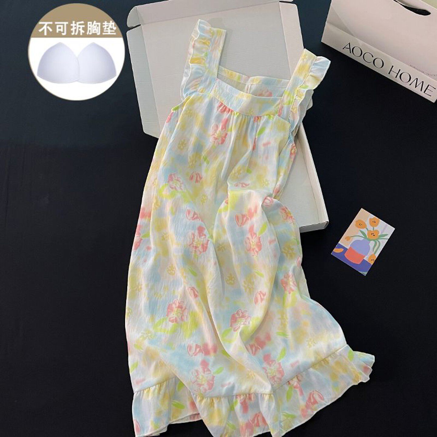 带胸垫吊带睡裙女夏季甜美公主风扎染小飞袖睡衣宽松可外穿家居服
