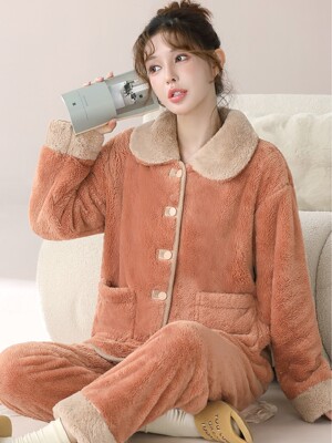 保暖雪花绒睡衣女秋冬季新款轻奢极简柔软舒适法兰绒家居服可外穿