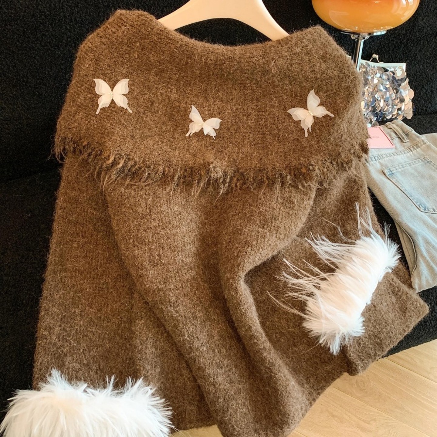 感咖色蝴蝶结一字肩毛衣女2025秋冬韩版氛围感宽松慵懒风上1206r