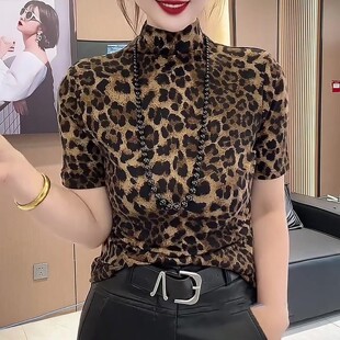 时髦欧货0325z1 显瘦打底衫 春夏欧洲站豹纹高领短袖 T恤女2026新款