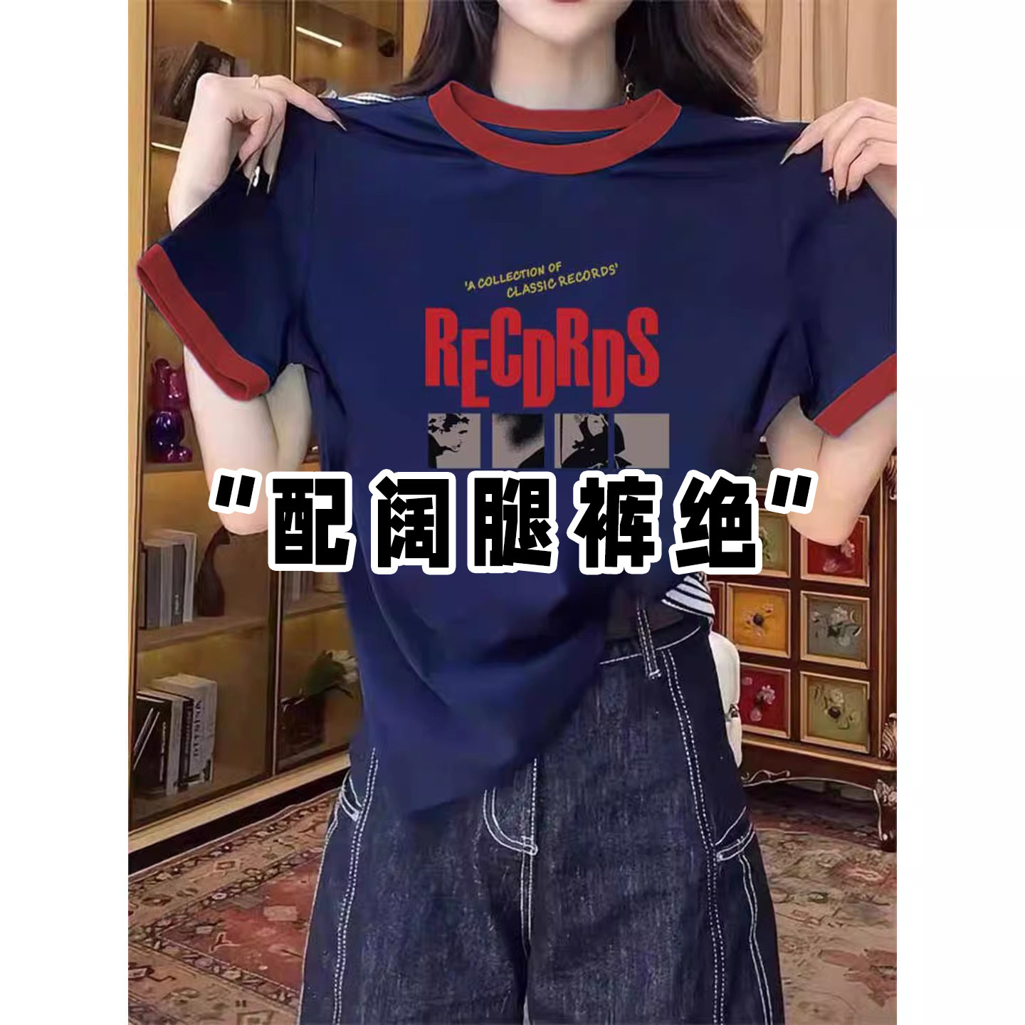 欧货高端大牌正肩拼色纯棉短袖t恤女夏季高级感不撞款藏青色上衣