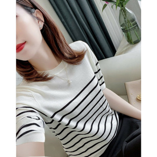 减龄黑白条纹短袖冰丝针织T恤女夏季薄款显瘦气质百搭海魂衫0311r