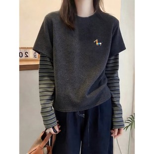 欧货假两件条纹长袖T恤女春秋新款宽松内搭打底衫显瘦磨毛上0204r