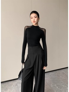 半高领微透网纱打底衫女春秋新款紧身内搭打底衫时尚气质御姐上衣