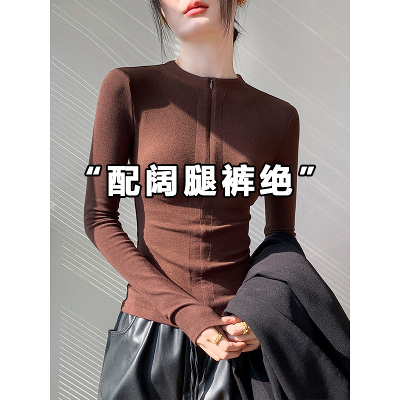 咖色半拉链打底衫女秋冬新款羽绒服内搭叠穿显瘦磨毛长袖T恤上衣
