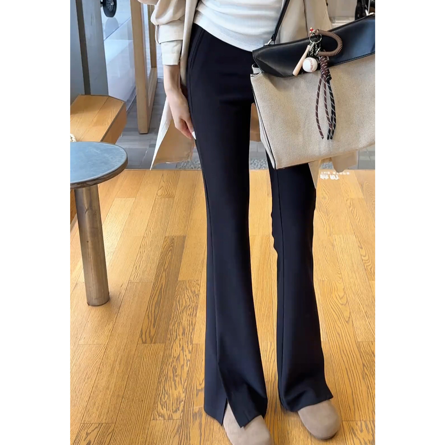 黑色微喇裤女春季新款开叉西装裤弹力修身马蹄裤高腰显瘦喇叭裤