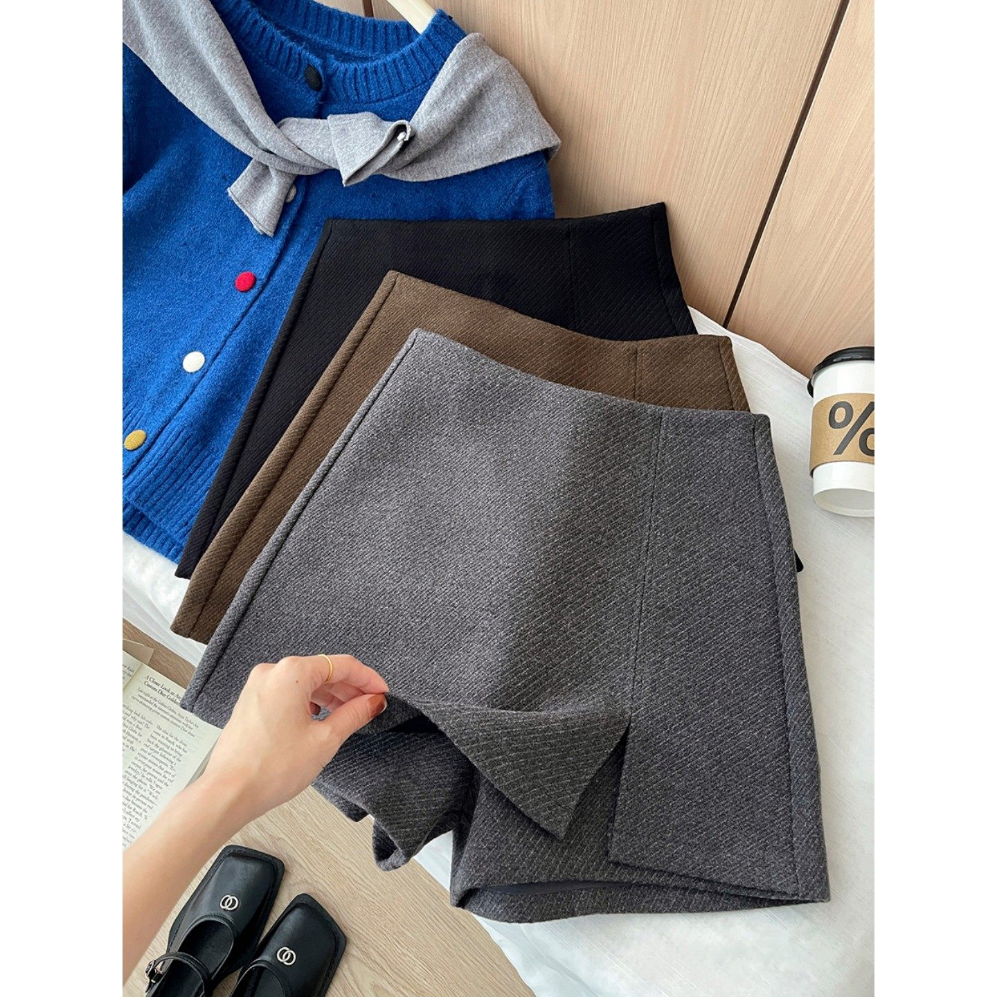 侧开叉毛呢短裤裙女秋冬新款配靴子外穿a字靴裤高腰复古斜纹裙裤,户外/登山/野营/旅行用品,速干T恤,淘宝优惠券,粉丝福利购,淘宝优惠卷