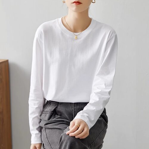 白色棉质长袖T恤女秋秋新款卫衣内搭叠穿打底衫宽松显瘦圆领0107r