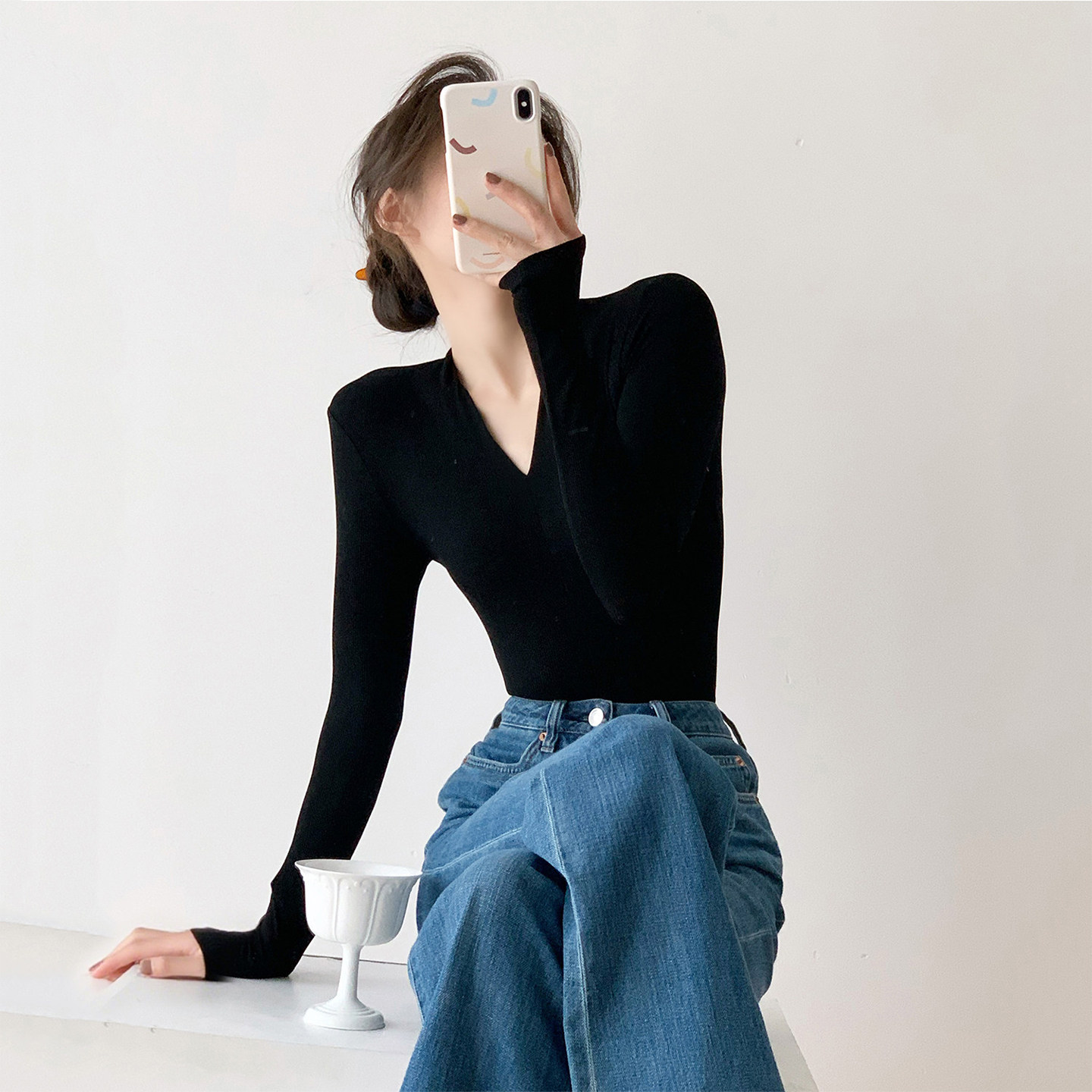 黑色修身v领打底衫女春秋内搭针织衫收腰长袖T恤百搭显瘦上衣通勤