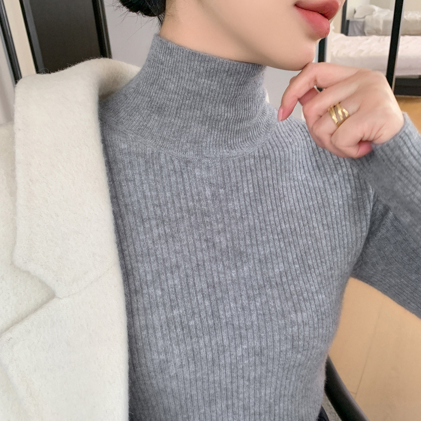 灰色高领打底衫女秋冬配羊毛大衣内搭不起球毛衣高级感针织衫上衣,运动/瑜伽/健身/球迷用品,瑜伽t恤,淘宝优惠券,粉丝福利购,淘宝优惠卷